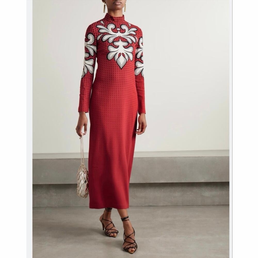 NWT La DoubleJ Icon Halle Dress Red Printed Turtleneck Maxi Midi Dress Medium